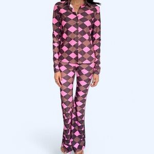 Pink and Brown Checkered Women's pants and blouse set